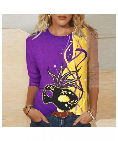 Mardi Gras Outfit for Women Carnival Going Out Tops Trendy 2024 Holiday Graphic Tees 3/4 Length Sleeve Tshirt Shirts 26 Purpl...