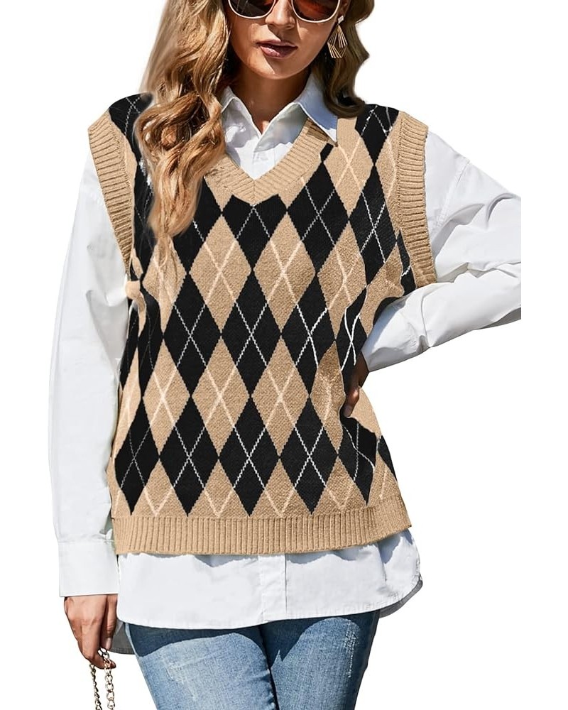 Women's Knitted V-Neck Vest Argyle Plaid Preppy Style Sleeveless Pullover Crop Sweater Vest Loose-A A-khaki $10.00 Sweaters