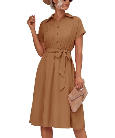 Women's Collar V Neck Button Front Tie Waist Short Sleeve Ruffle Hem Midi Dress Caramel $22.54 Dresses