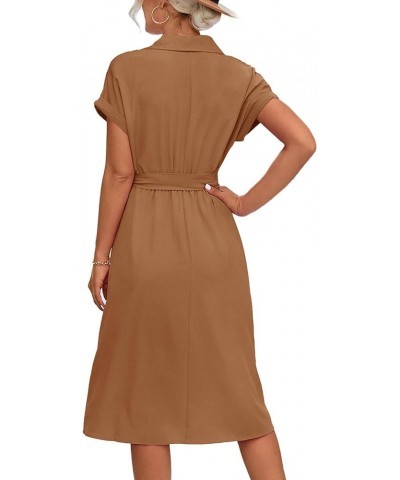 Women's Collar V Neck Button Front Tie Waist Short Sleeve Ruffle Hem Midi Dress Caramel $22.54 Dresses