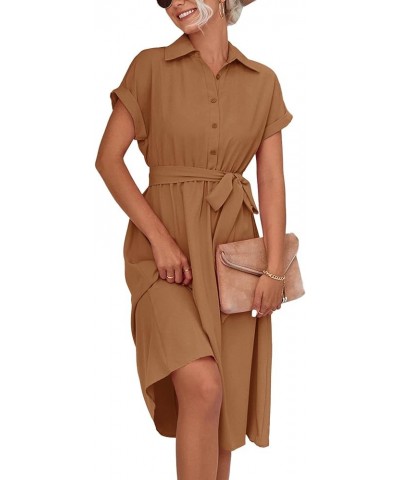 Women's Collar V Neck Button Front Tie Waist Short Sleeve Ruffle Hem Midi Dress Caramel $22.54 Dresses