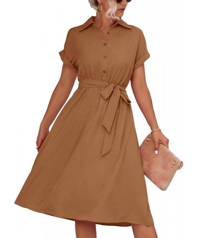 Women's Collar V Neck Button Front Tie Waist Short Sleeve Ruffle Hem Midi Dress Caramel $22.54 Dresses