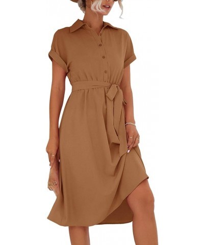 Women's Collar V Neck Button Front Tie Waist Short Sleeve Ruffle Hem Midi Dress Caramel $22.54 Dresses