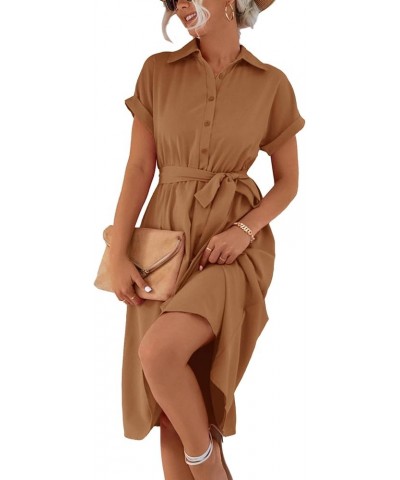 Women's Collar V Neck Button Front Tie Waist Short Sleeve Ruffle Hem Midi Dress Caramel $22.54 Dresses