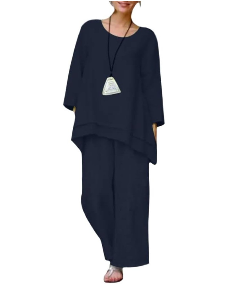 Women Linen Two Piece Pants Suit Cotton Linen Long Sleeve Shirts and Wide Leg Trousers Casual Loose 2 Piece Outfits Navy Blue...