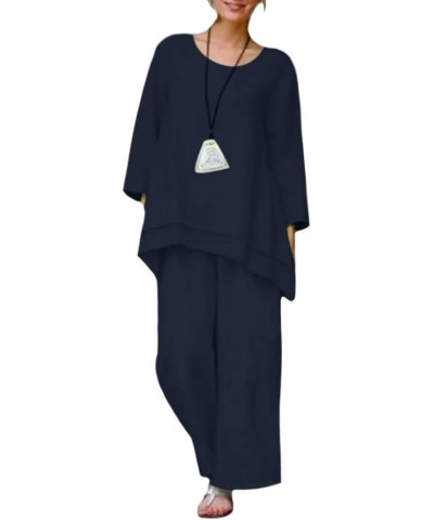 Women Linen Two Piece Pants Suit Cotton Linen Long Sleeve Shirts and Wide Leg Trousers Casual Loose 2 Piece Outfits Navy Blue...