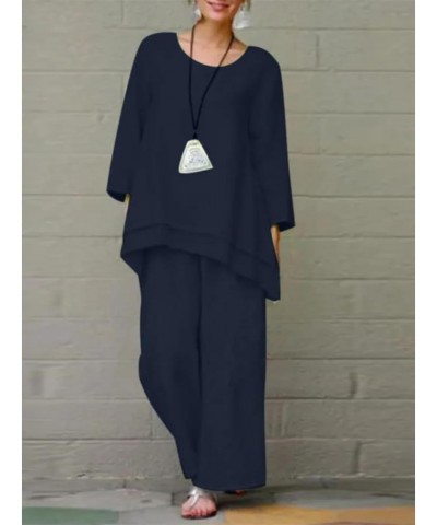 Women Linen Two Piece Pants Suit Cotton Linen Long Sleeve Shirts and Wide Leg Trousers Casual Loose 2 Piece Outfits Navy Blue...