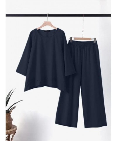 Women Linen Two Piece Pants Suit Cotton Linen Long Sleeve Shirts and Wide Leg Trousers Casual Loose 2 Piece Outfits Navy Blue...