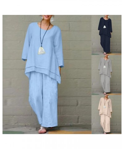 Women Linen Two Piece Pants Suit Cotton Linen Long Sleeve Shirts and Wide Leg Trousers Casual Loose 2 Piece Outfits Navy Blue...