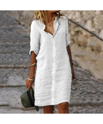 Cotton Linen Dresses for Women,2023 Spring Summer Casual Loose 3/4 Sleeve Midi Dress,Trendy Elegant Plain Beach Dress White 7...