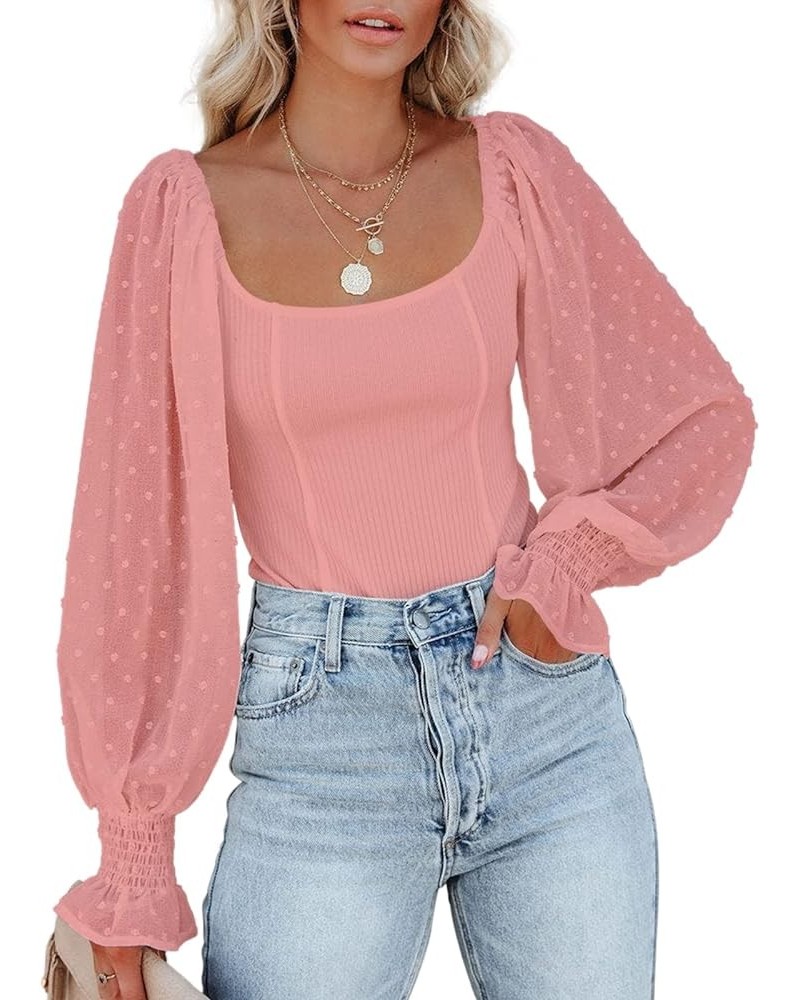 Womens Mesh Long Puff Sleeve Top Off Shoulder Square Neck Slim Knit Ribbed Tops Blouses Pink $10.00 Blouses