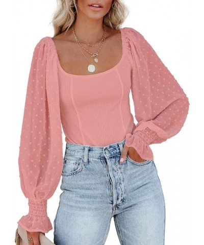 Womens Mesh Long Puff Sleeve Top Off Shoulder Square Neck Slim Knit Ribbed Tops Blouses Pink $10.00 Blouses