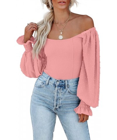 Womens Mesh Long Puff Sleeve Top Off Shoulder Square Neck Slim Knit Ribbed Tops Blouses Pink $10.00 Blouses