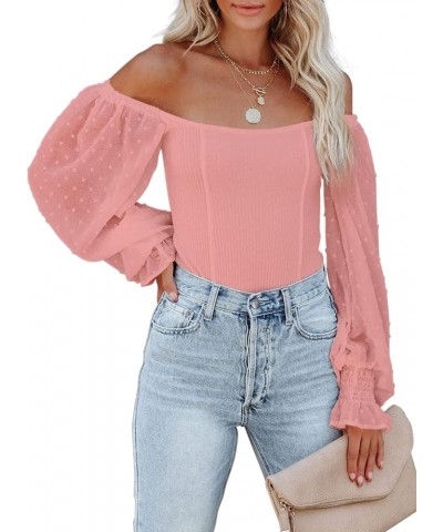 Womens Mesh Long Puff Sleeve Top Off Shoulder Square Neck Slim Knit Ribbed Tops Blouses Pink $10.00 Blouses