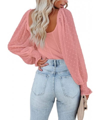 Womens Mesh Long Puff Sleeve Top Off Shoulder Square Neck Slim Knit Ribbed Tops Blouses Pink $10.00 Blouses