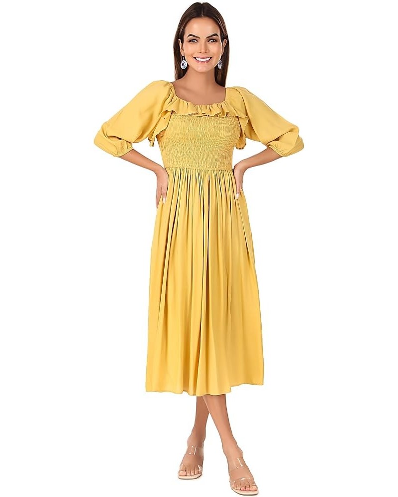 Womens Summer Floral Puff Sleeves Smoked Boho Midi Dress Gold $19.98 Dresses