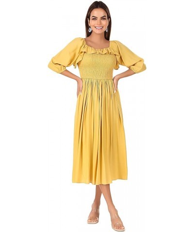 Womens Summer Floral Puff Sleeves Smoked Boho Midi Dress Gold $19.98 Dresses