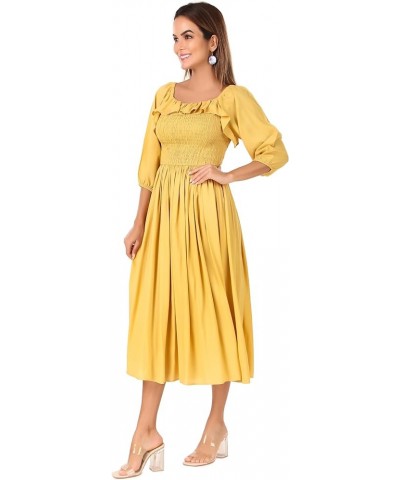 Womens Summer Floral Puff Sleeves Smoked Boho Midi Dress Gold $19.98 Dresses