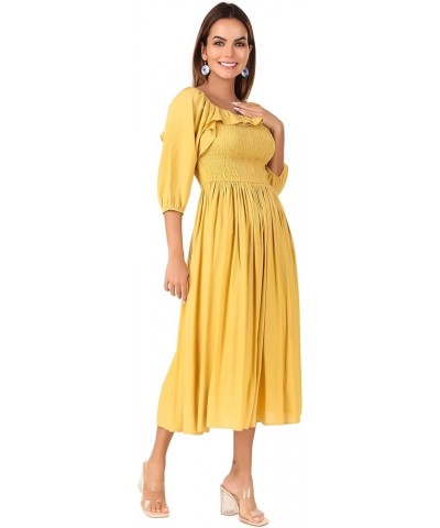 Womens Summer Floral Puff Sleeves Smoked Boho Midi Dress Gold $19.98 Dresses