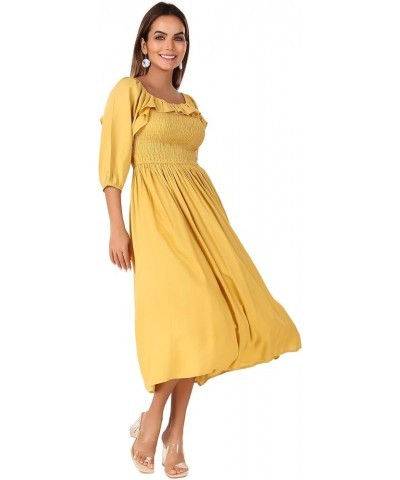 Womens Summer Floral Puff Sleeves Smoked Boho Midi Dress Gold $19.98 Dresses