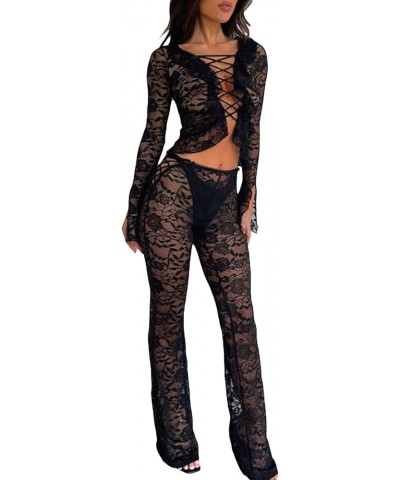 Women Y2k Sexy 2 Piece Pants Set See Through Crop Top Sheer Floral Lace Flare Bell Pants Slim Matching Suit Set Bandage Black...