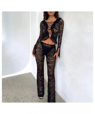 Women Y2k Sexy 2 Piece Pants Set See Through Crop Top Sheer Floral Lace Flare Bell Pants Slim Matching Suit Set Bandage Black...