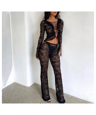 Women Y2k Sexy 2 Piece Pants Set See Through Crop Top Sheer Floral Lace Flare Bell Pants Slim Matching Suit Set Bandage Black...