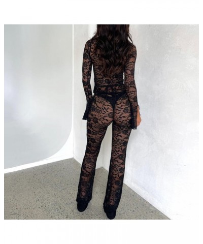 Women Y2k Sexy 2 Piece Pants Set See Through Crop Top Sheer Floral Lace Flare Bell Pants Slim Matching Suit Set Bandage Black...