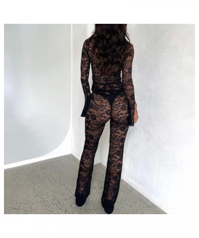 Women Y2k Sexy 2 Piece Pants Set See Through Crop Top Sheer Floral Lace Flare Bell Pants Slim Matching Suit Set Bandage Black...