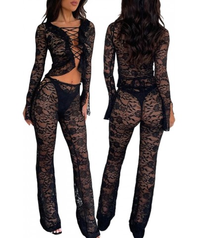 Women Y2k Sexy 2 Piece Pants Set See Through Crop Top Sheer Floral Lace Flare Bell Pants Slim Matching Suit Set Bandage Black...