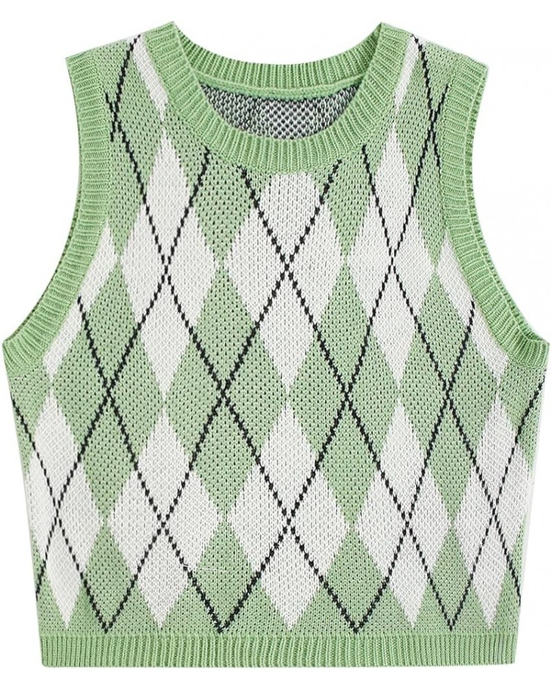 Women's Sleeveless Round Neck Cute Strawberry Sweater Vest Crop Shirt Top Green Argyle $15.07 Sweaters