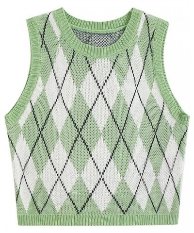 Women's Sleeveless Round Neck Cute Strawberry Sweater Vest Crop Shirt Top Green Argyle $15.07 Sweaters