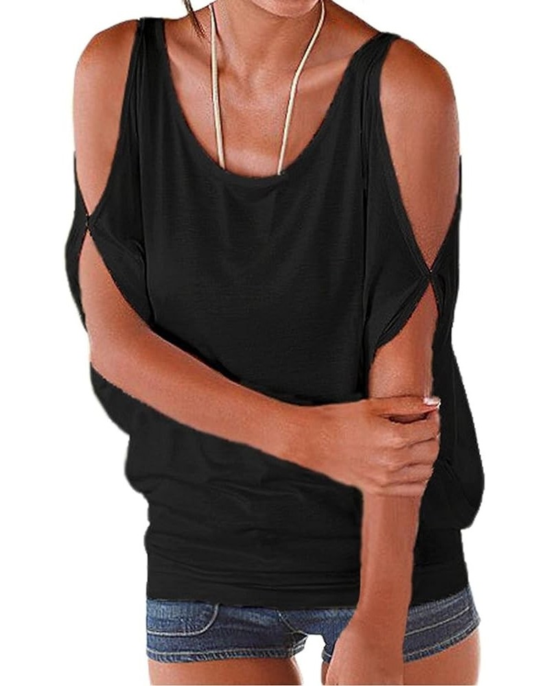 Women Cold Shoulder O-Neck Short Sleeve Loose Fit Summer Shirt Blouse Tops Black $12.32 Blouses