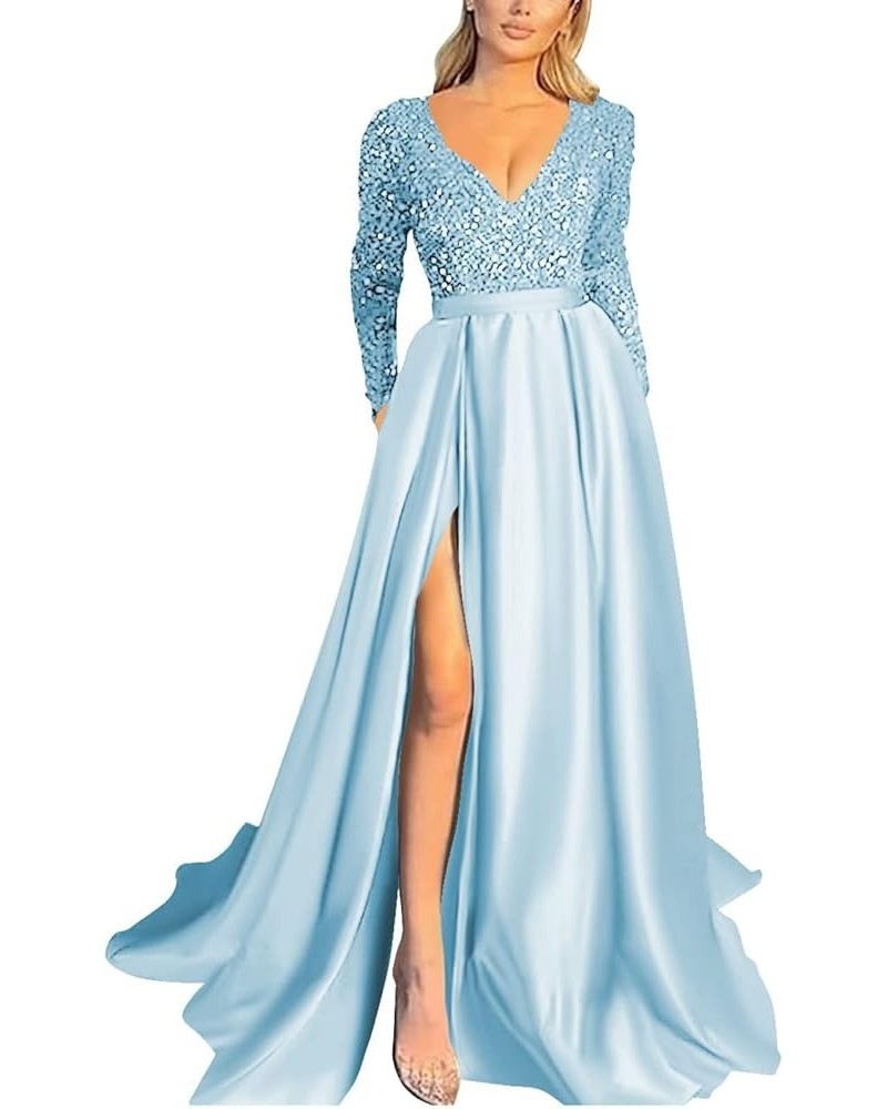 V Neck Long Sleeve Sequin Satin Prom Dresses 2022 Mermaid Formal Gown and Evening Dress with Slit Light Blue $33.11 Dresses