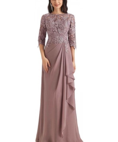 Lace Mother of The Bride Dress with Sleeves Chiffon Ruffles Long Evening Formal Gown for Wedding Scoop Neck Cabernet $31.50 D...