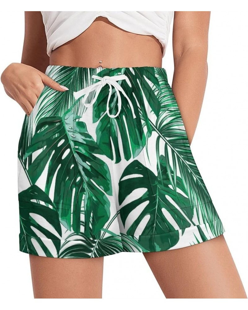 Women Pajama Shorts Beach Casual Athletic High Waist Drawstring Shorts Sleepwear Soft Lounge Casual Pants S-3XL Palm Leaf Gre...