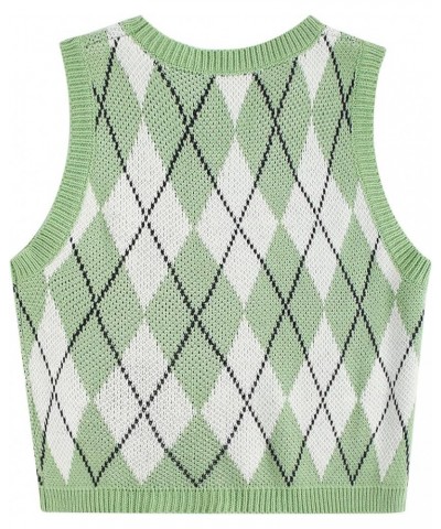 Women's Sleeveless Round Neck Cute Strawberry Sweater Vest Crop Shirt Top Green Argyle $15.07 Sweaters