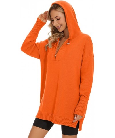 Women's Hooded Sweater Loose Half Zip Drawstring Pullover Sweatshirt Top Casual Long Sleeve Side Slit Knit Hoodie Orange $22....