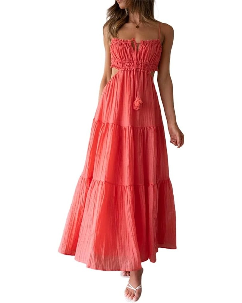 Women Sleeveless Tiered Long Dress Sexy High Split Ruffle Maxi Dress Backless Spaghetti Strap Layered Party Dress Flowy Red $...