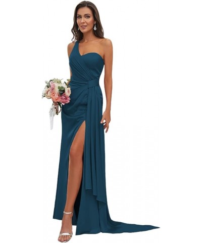 One Shoulder Satin Bridesmaid Dress Long for Women Sleeveless Ruched Formal Dress with Slit LN376 Teal $29.25 Dresses