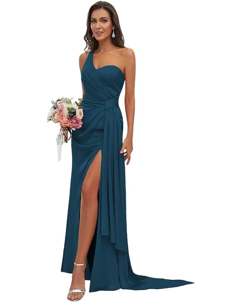 One Shoulder Satin Bridesmaid Dress Long for Women Sleeveless Ruched Formal Dress with Slit LN376 Teal $29.25 Dresses