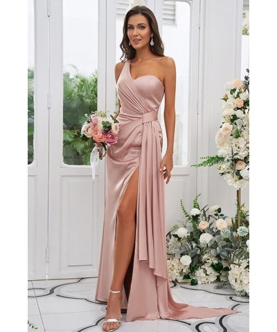 One Shoulder Satin Bridesmaid Dress Long for Women Sleeveless Ruched Formal Dress with Slit LN376 Teal $29.25 Dresses