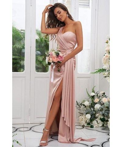 One Shoulder Satin Bridesmaid Dress Long for Women Sleeveless Ruched Formal Dress with Slit LN376 Teal $29.25 Dresses