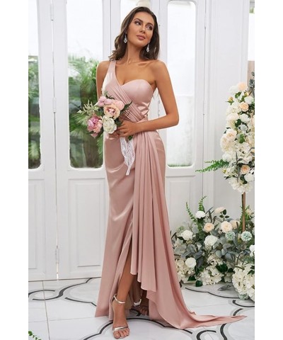 One Shoulder Satin Bridesmaid Dress Long for Women Sleeveless Ruched Formal Dress with Slit LN376 Teal $29.25 Dresses