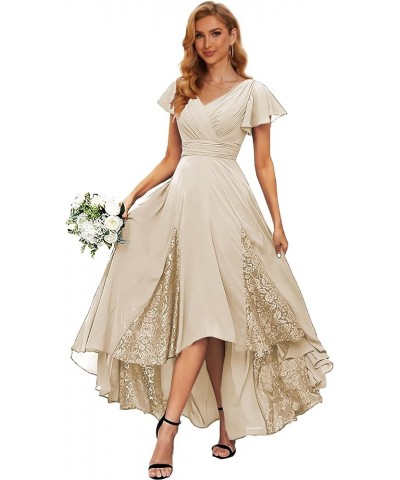 High Low Mother of The Bride Dresses for Wedding Short Sleeve Bridesmaid Dress Long Lace Formal Gown Champagne $31.20 Dresses