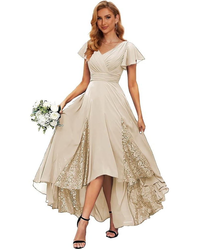 High Low Mother of The Bride Dresses for Wedding Short Sleeve Bridesmaid Dress Long Lace Formal Gown Champagne $31.20 Dresses