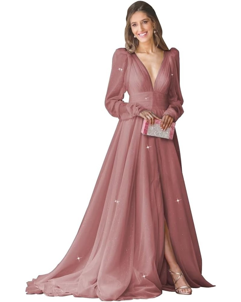 Long Sleeve Glitter Prom Dress Long Ball Gown Tulle Wedding Dress V Neck A-line Formal Gowns with Slit Dusty Rose $41.65 Dresses