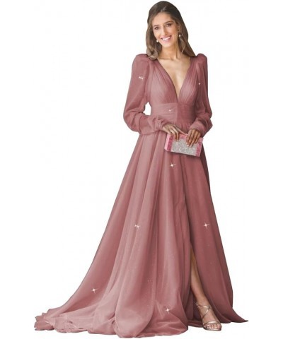 Long Sleeve Glitter Prom Dress Long Ball Gown Tulle Wedding Dress V Neck A-line Formal Gowns with Slit Dusty Rose $41.65 Dresses