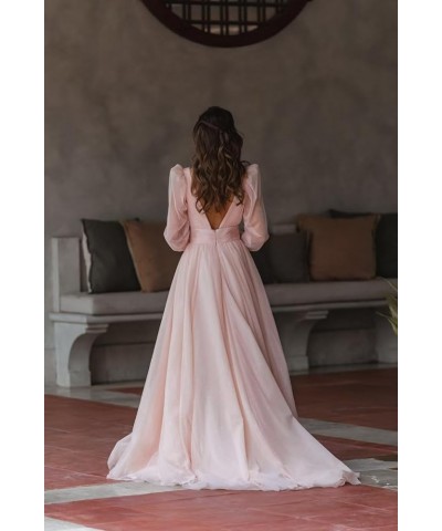 Long Sleeve Glitter Prom Dress Long Ball Gown Tulle Wedding Dress V Neck A-line Formal Gowns with Slit Dusty Rose $41.65 Dresses