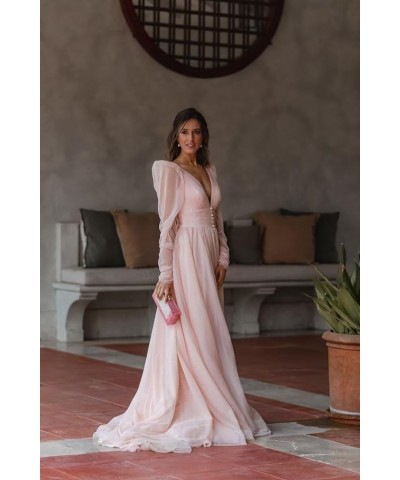 Long Sleeve Glitter Prom Dress Long Ball Gown Tulle Wedding Dress V Neck A-line Formal Gowns with Slit Dusty Rose $41.65 Dresses